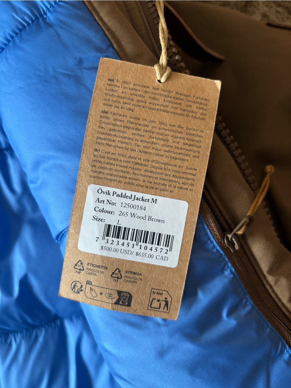 Fjallraven Men's Tan Ovik padded Jacket with Blue Lining - Picture 8 of 12